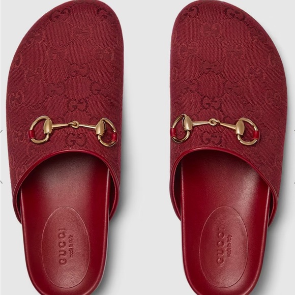 Gucci "Sol" monogram cotton canvas mules with golden bit strap /color burgundy - Picture 1 of 15